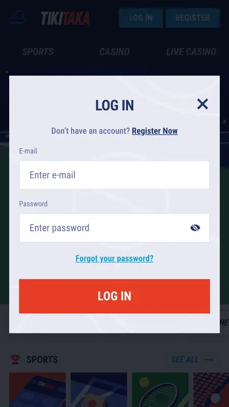 Login form with email and password fields