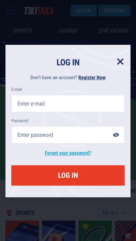 Tiki Taka Casino login screen after registration