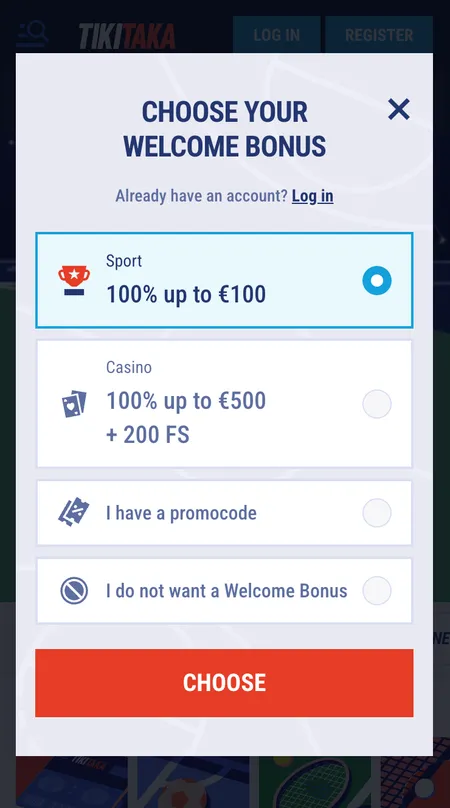 Tiki Taka Casino account registration form - step one