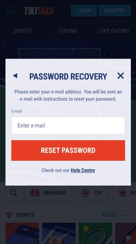 Password reset form with email field and Help Centre link