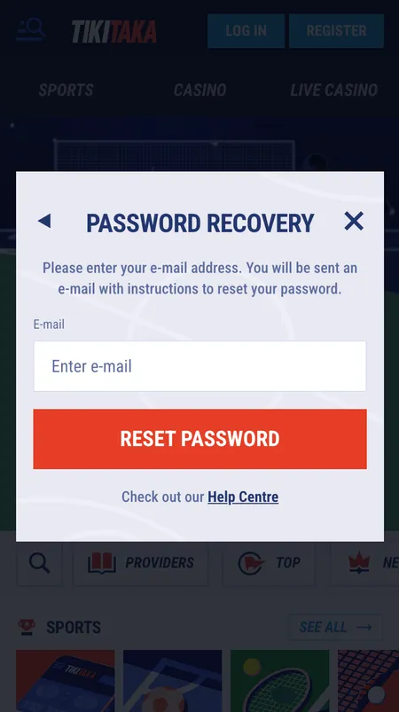 Tiki Taka Casino password reset screen
